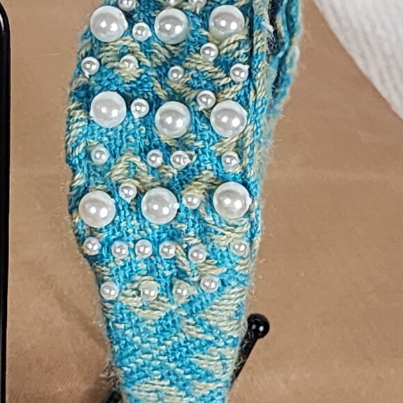 Handmade Poly Turquoise Sweater Material White Faux Pearl Embellished Headband - Picture 8 of 16